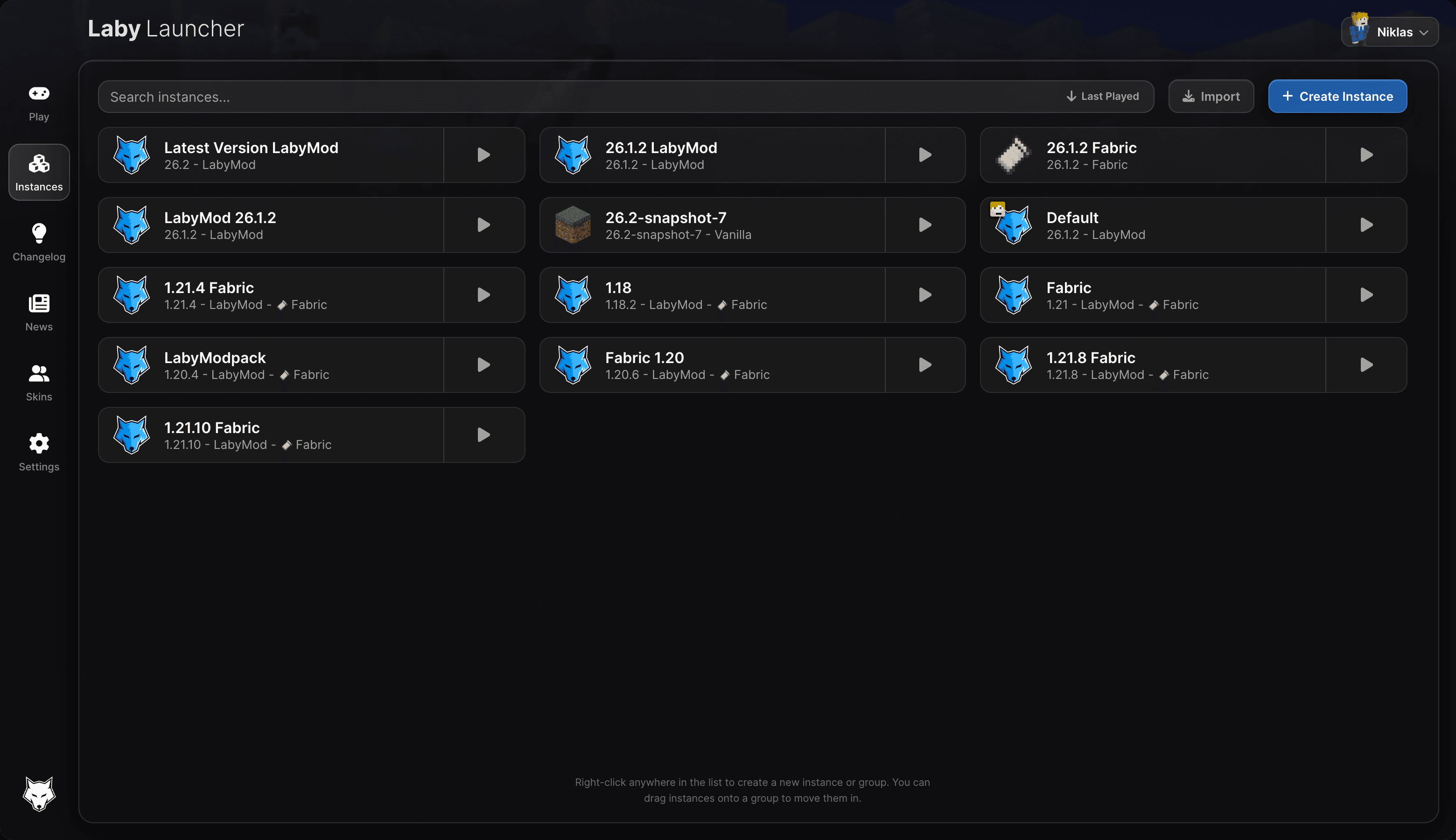 Instance overview in the Laby Launcher