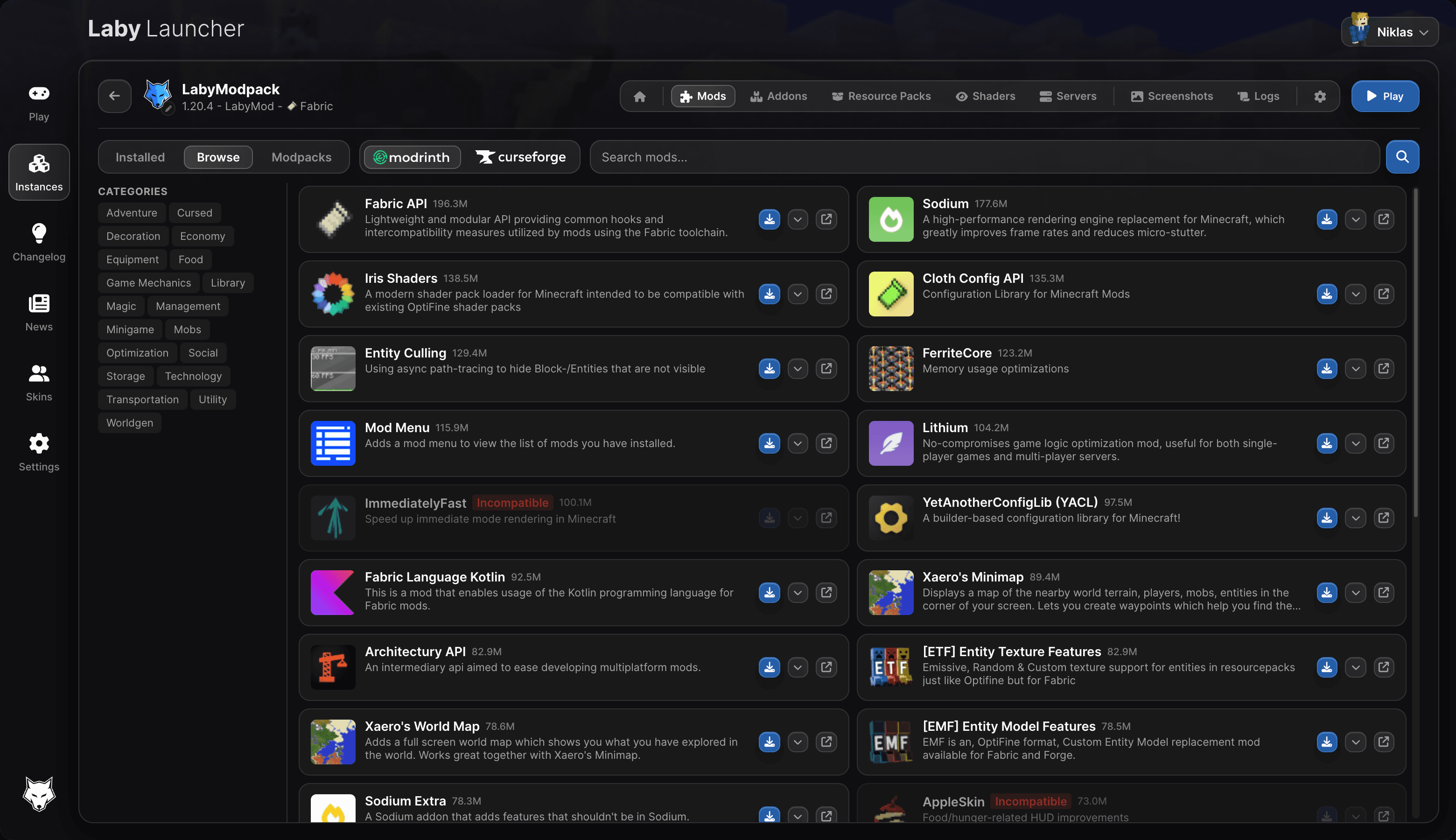 Mod browser with Modrinth and CurseForge in the Laby Launcher