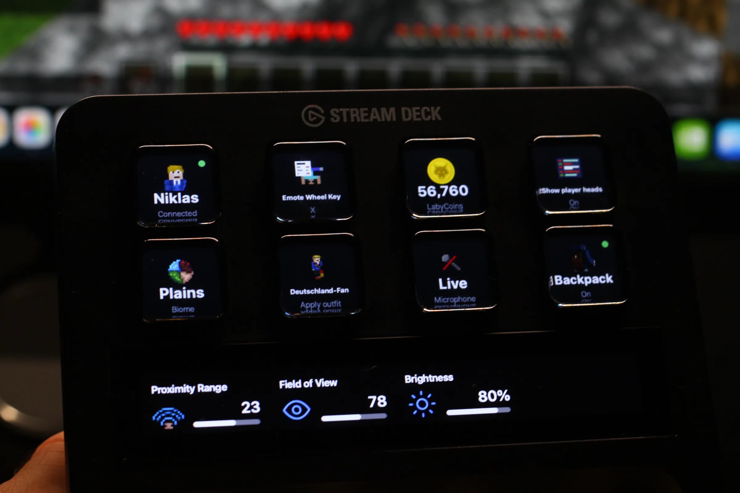 A Stream Deck + running the Laby plugin next to a Minecraft session