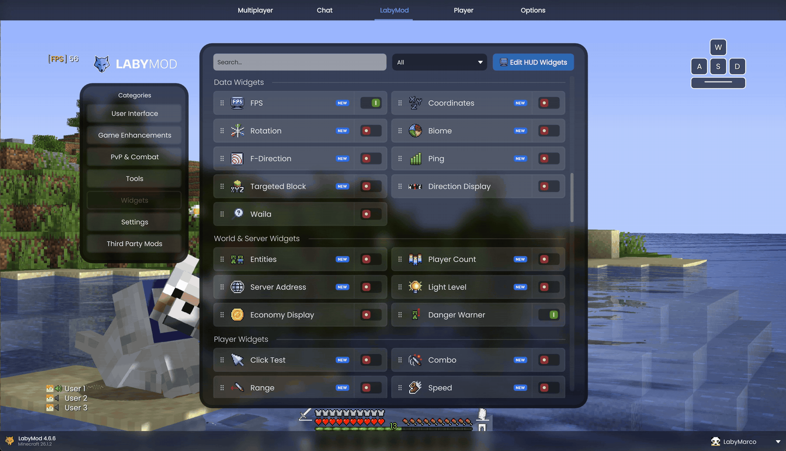 Drag a widget from its settings panel and drop it on your HUD