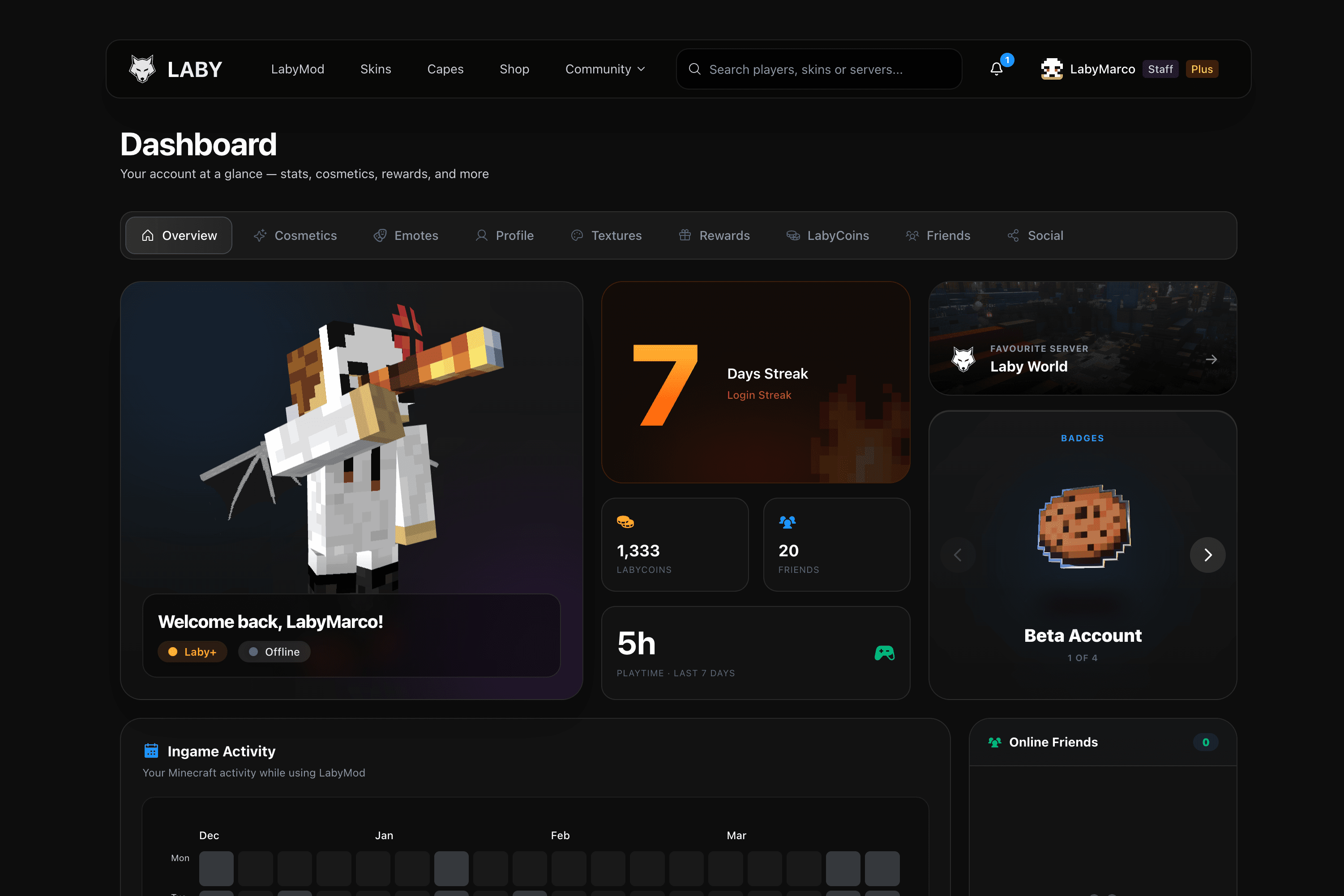 The new dashboard gives you a central overview of your account, including cosmetics, friends, rewards, balance, and recent activity.