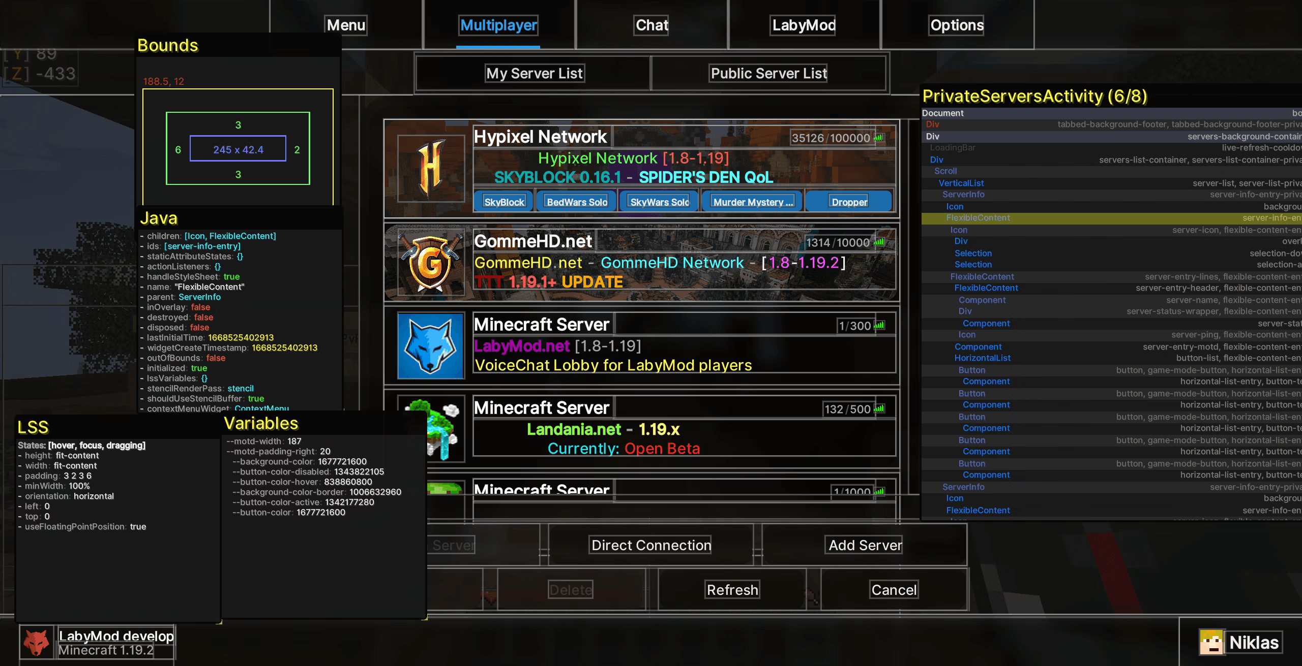 LSS debugging tool for developers using the example of the server list in the Fancy Theme