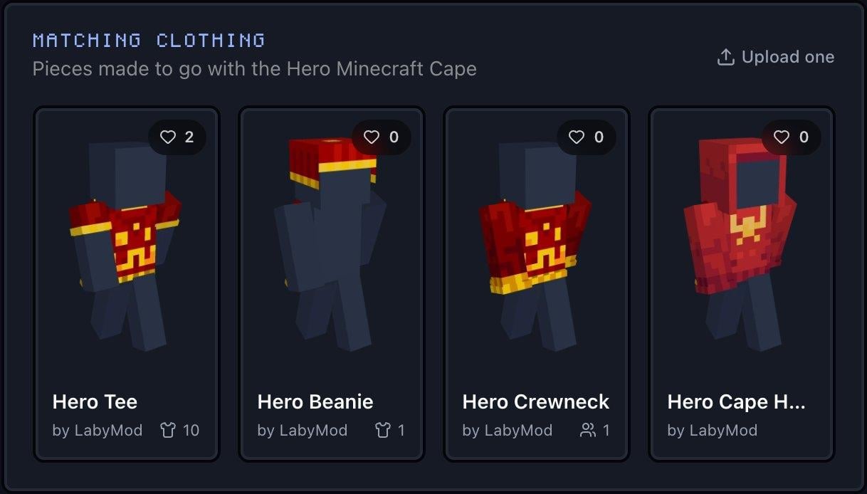 The Matching clothing section on the Hero Cape page with the Hero Tee, Hero Beanie, Hero Crewneck and Hero Cape Hoodie.