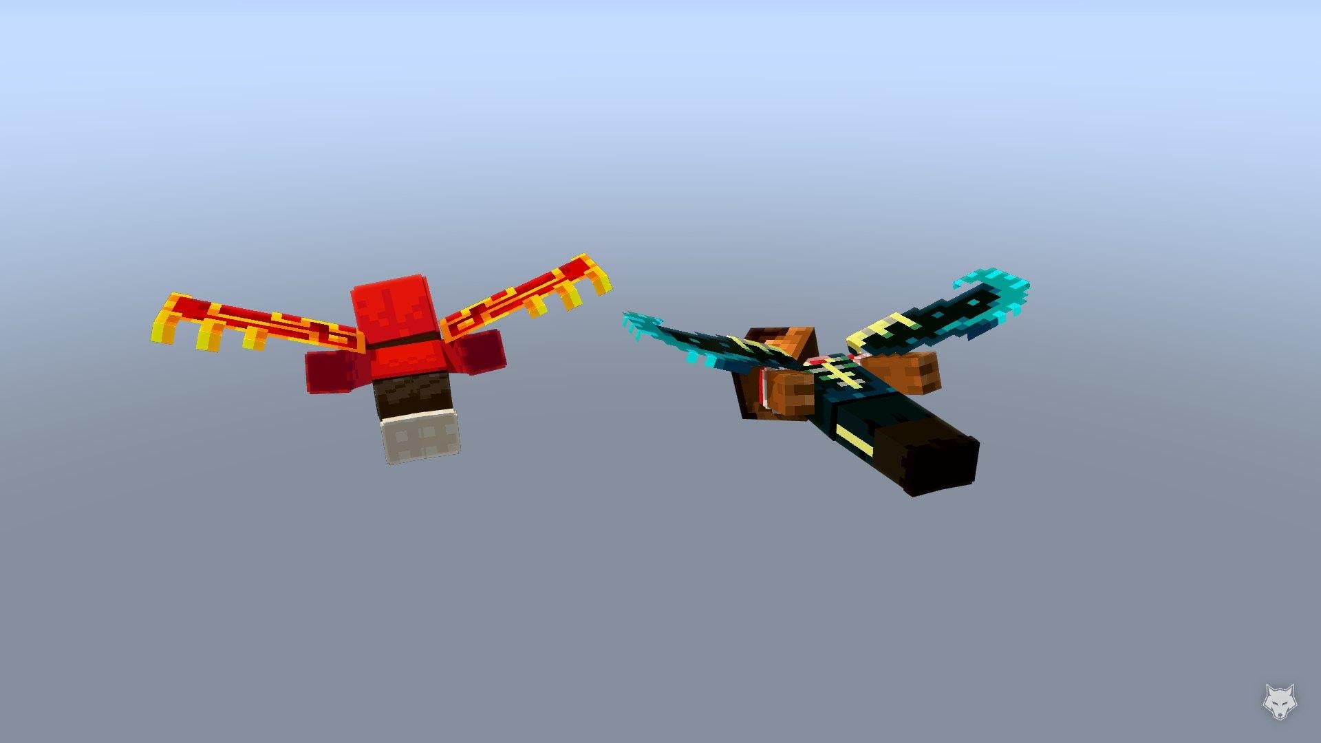 Two players flying with elytra in the Hero and Twisted cape designs, seen from above.