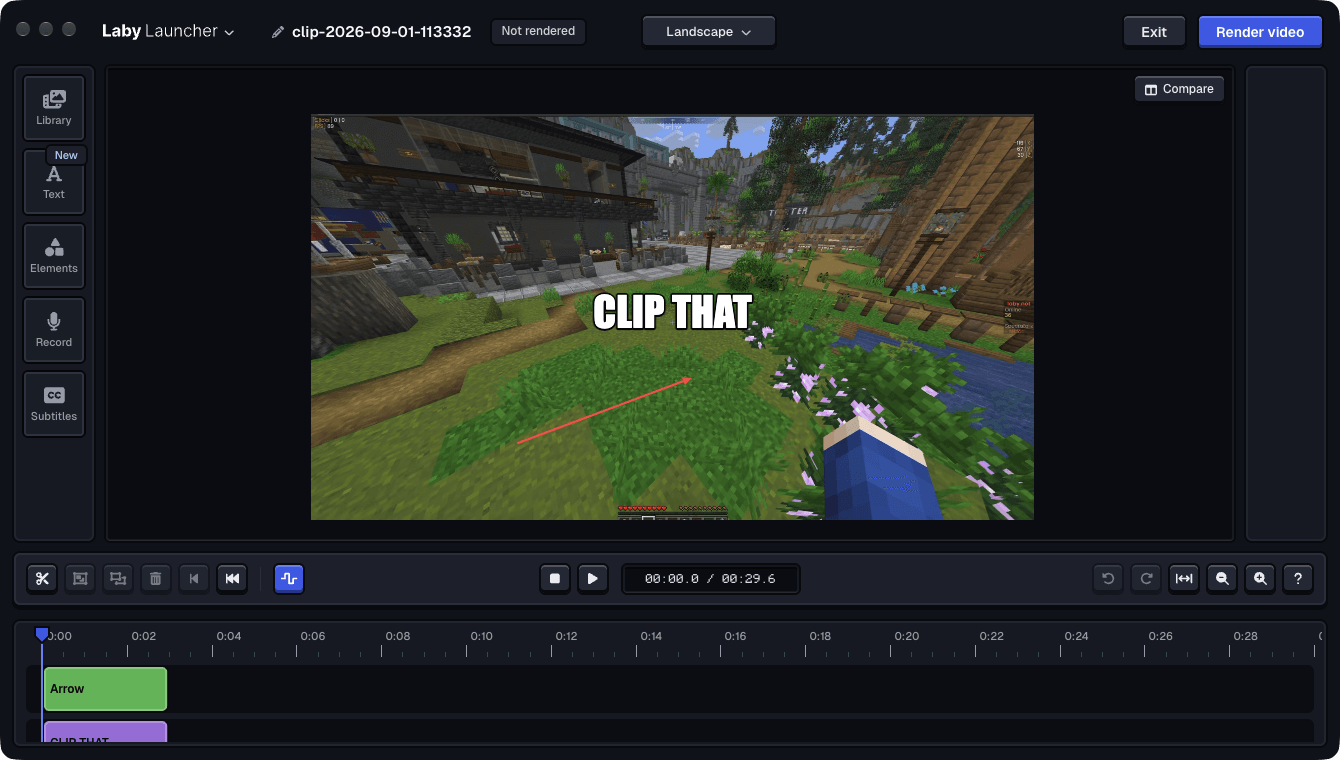 The clip editor: a caption and an arrow, each on its own lane over the video track