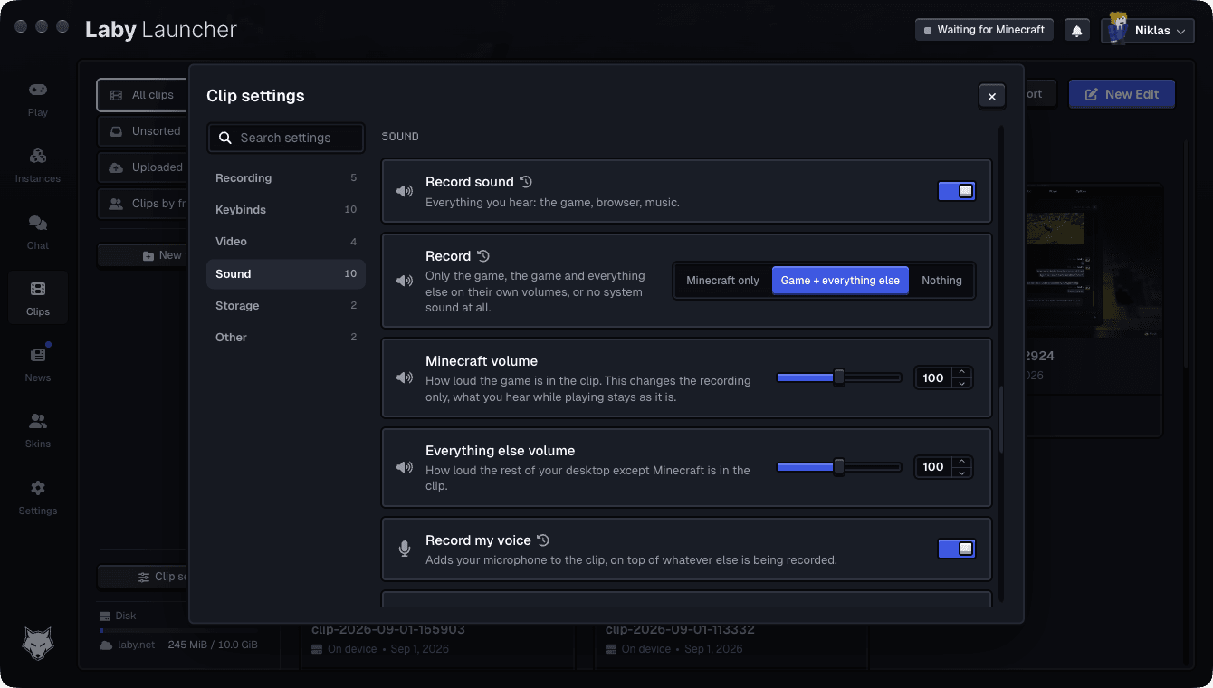 Sound settings: the game and the rest of your desktop as separate lanes, each with its own volume
