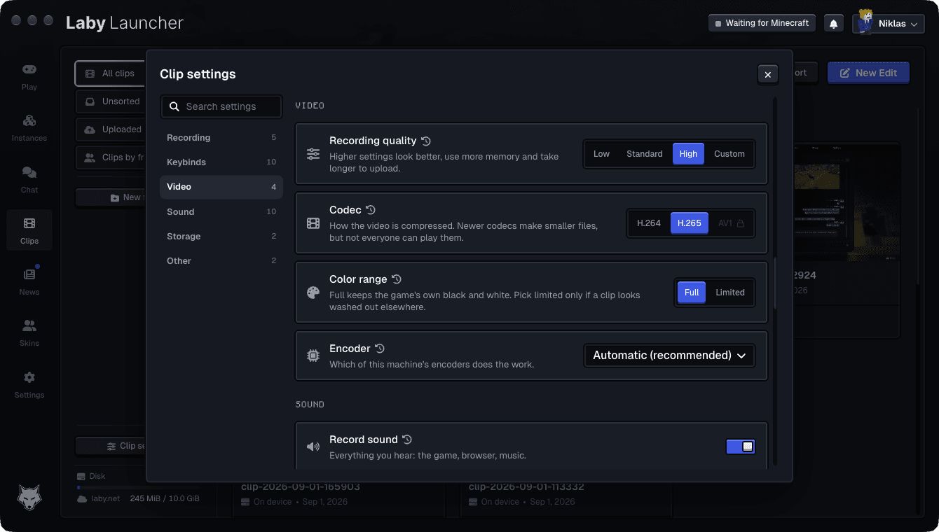 Video settings: quality presets, codec, colour range and the encoder that does the work