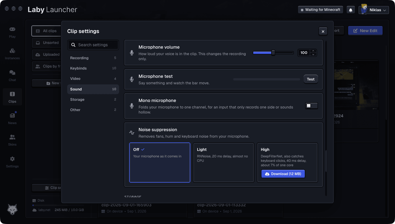 Noise suppression: off, RNNoise or DeepFilterNet, with the delay and the cost written on the buttons
