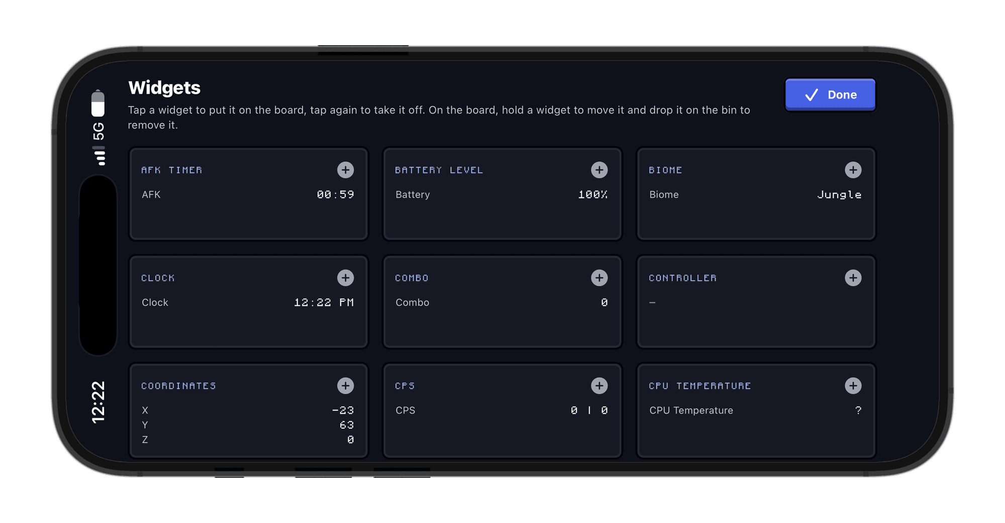The widget list: every tile shows its live values