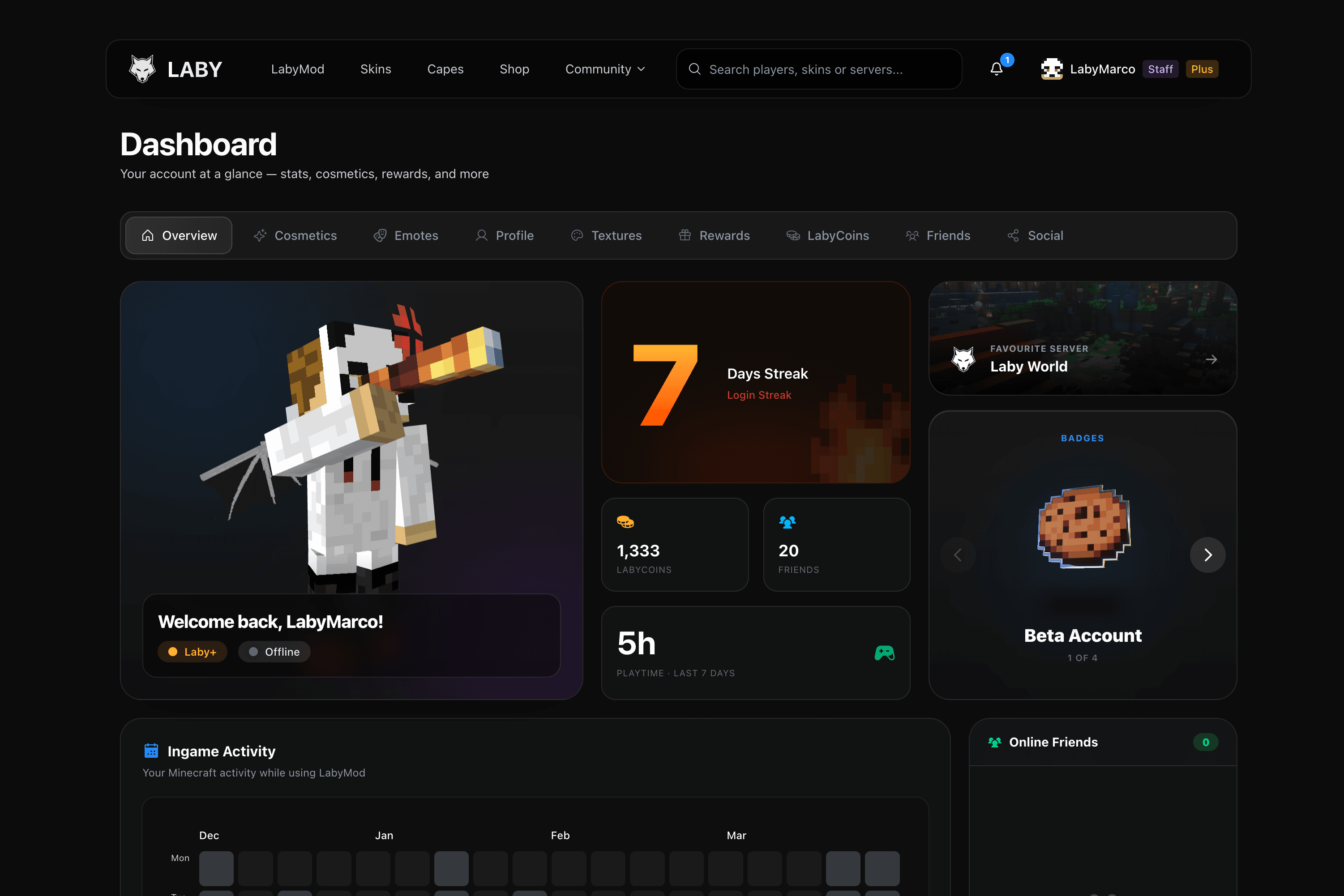 The new dashboard gives you a central overview of your account, including cosmetics, friends, rewards, balance, and recent activity.