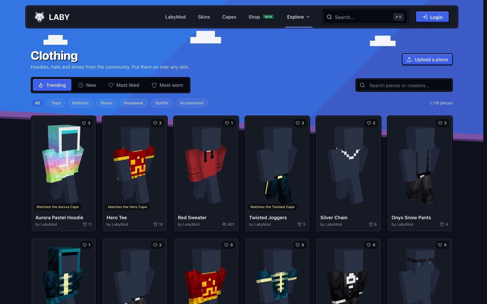 The clothing gallery on laby.net with tabs for Trending, New, Most liked and Most worn and filters for each category.
