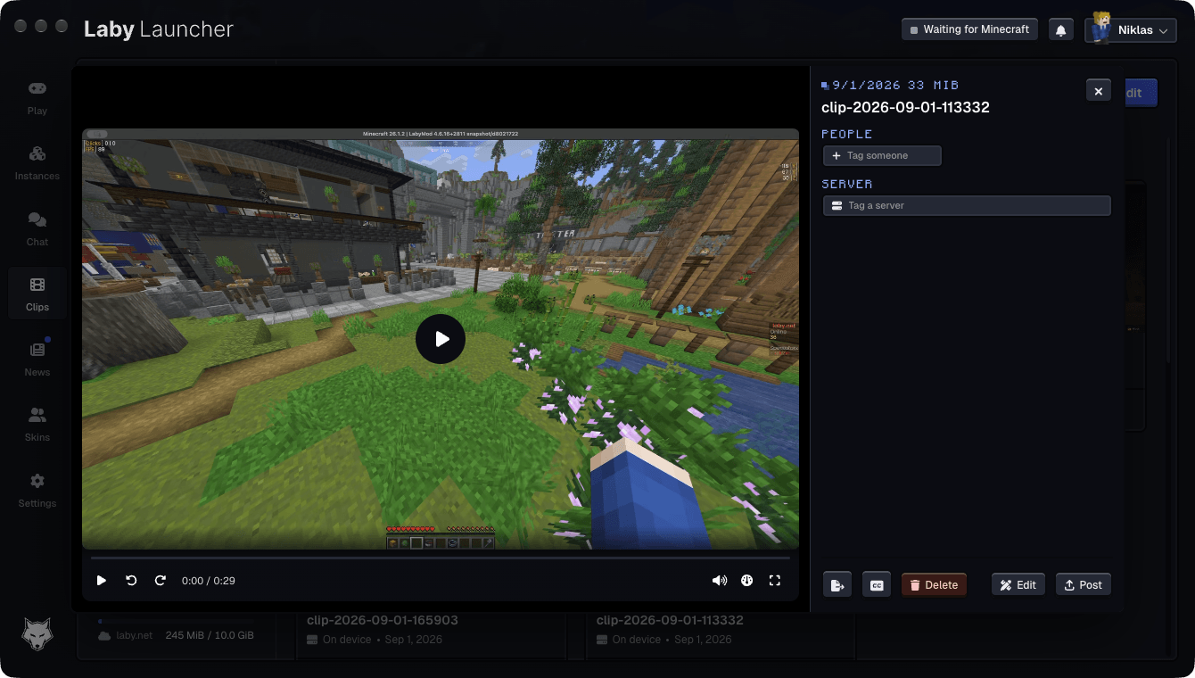 A clip with the players and the server it happened on, ready to post