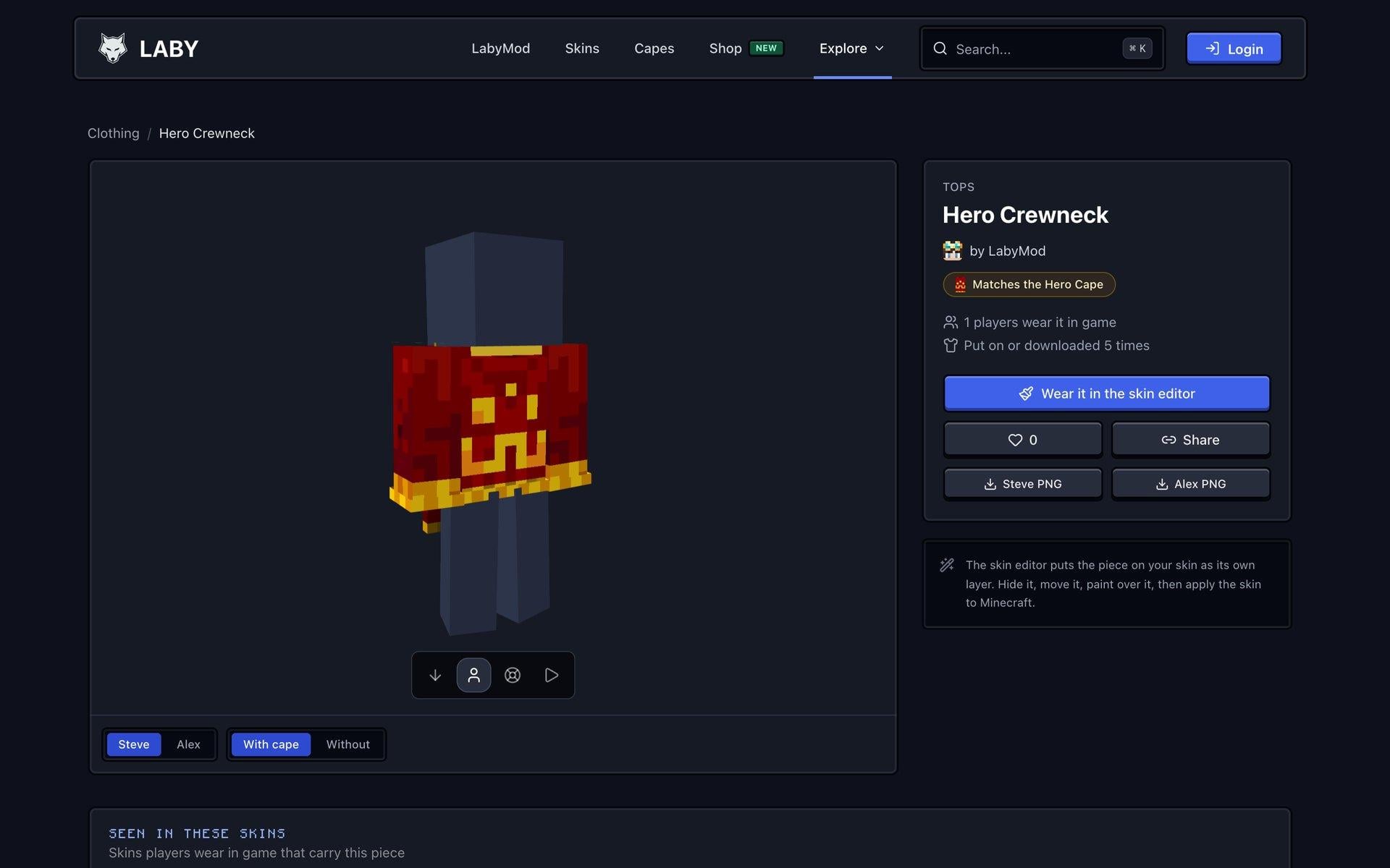 The page of the Hero Crewneck with a 3D preview, a Matches the Hero Cape badge and the Wear it in the skin editor button.