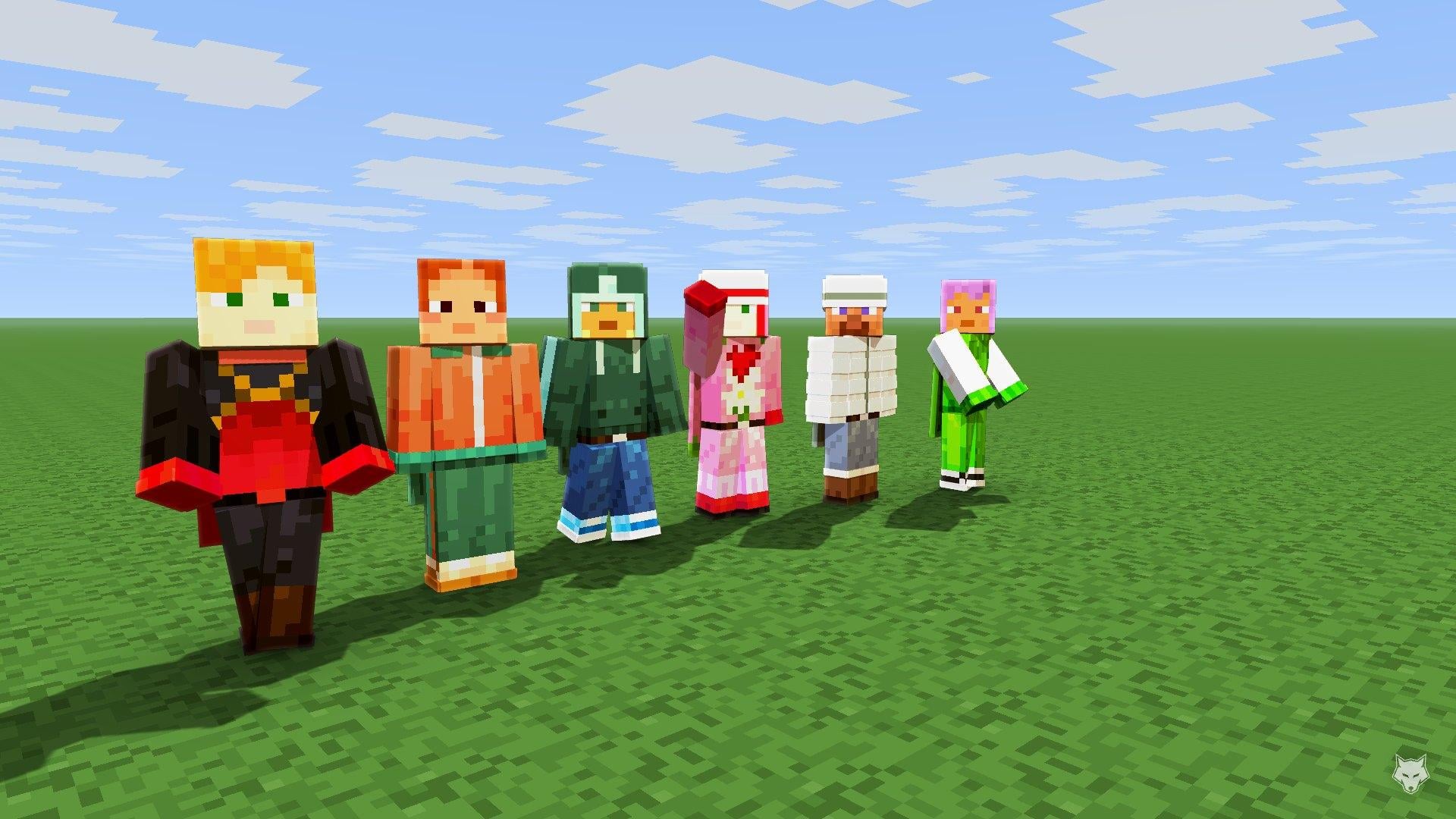 Six players in a row wearing the matching outfits for the Migrator, Copper, Prismarine, Valentine, Snowman and Spade Capes.