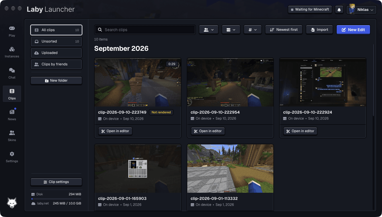 The clip library in the launcher: folders, search, filters and every clip with its size and where it lives
