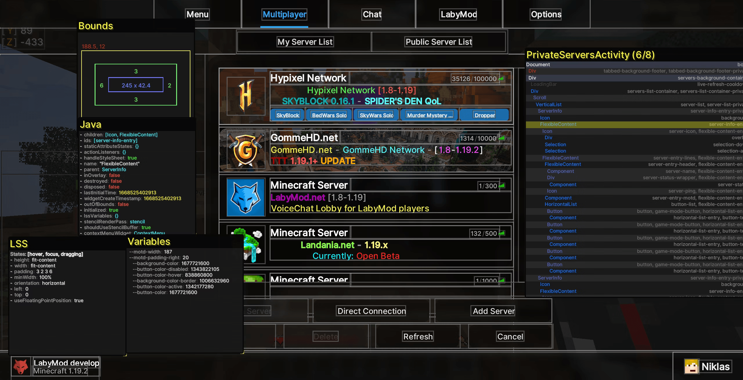 LSS debugging tool for developers using the example of the server list in the Fancy Theme
