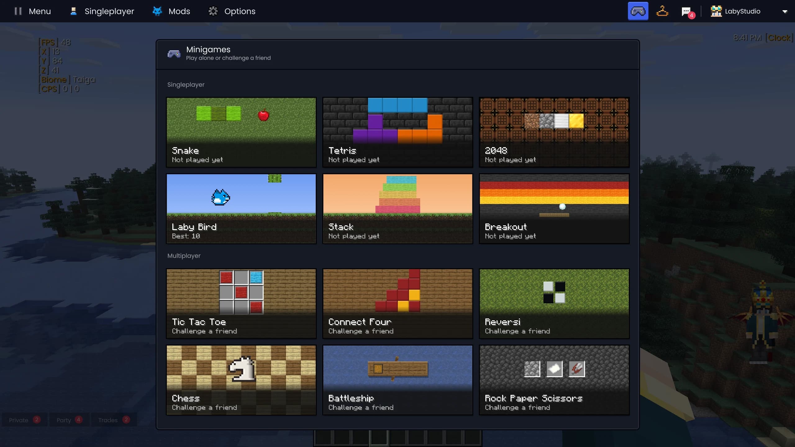 The minigames in the client: six to play alone, six to challenge a friend to.