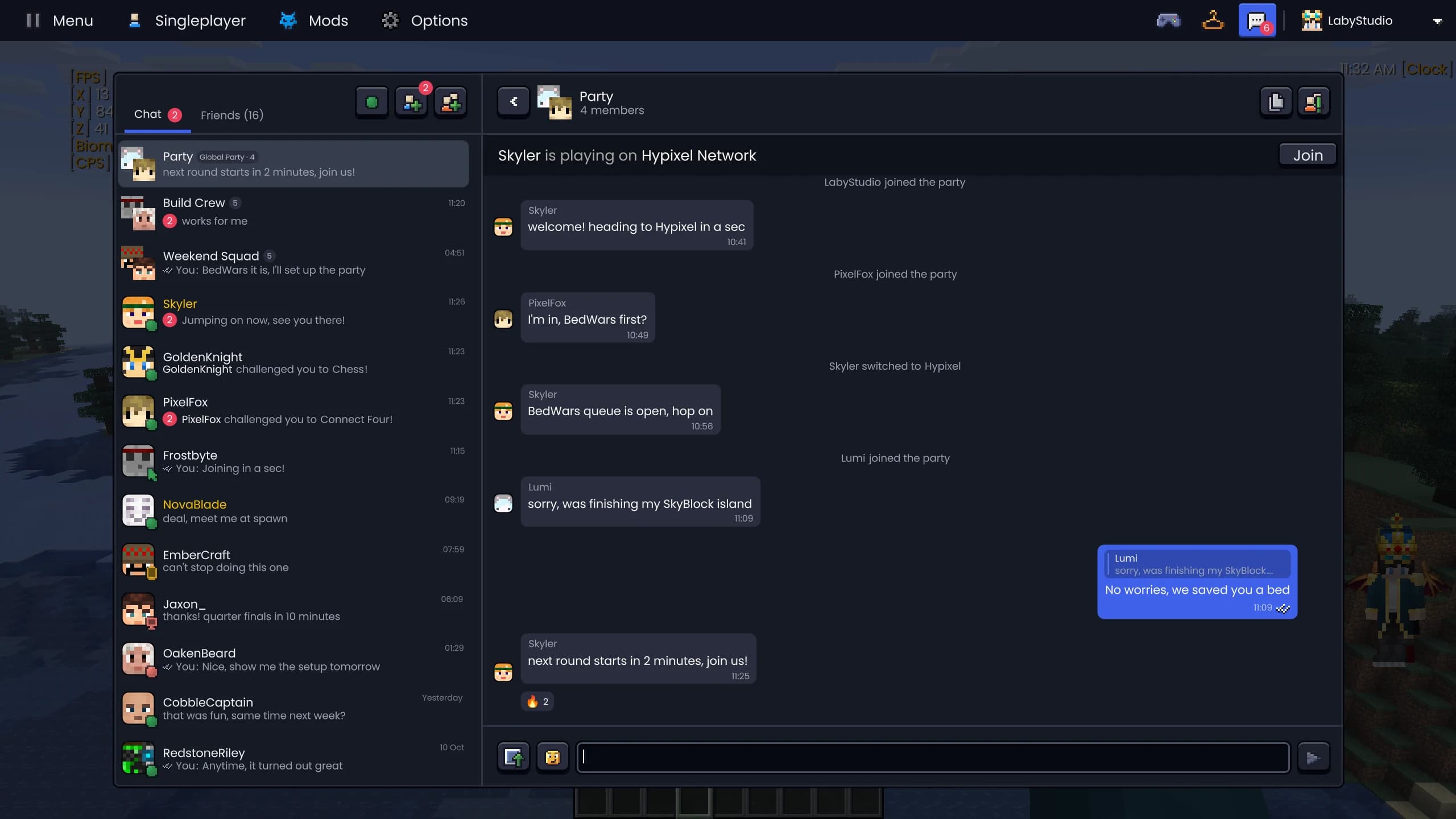The party chat in the client, the prompt to follow the host and joining with a code.