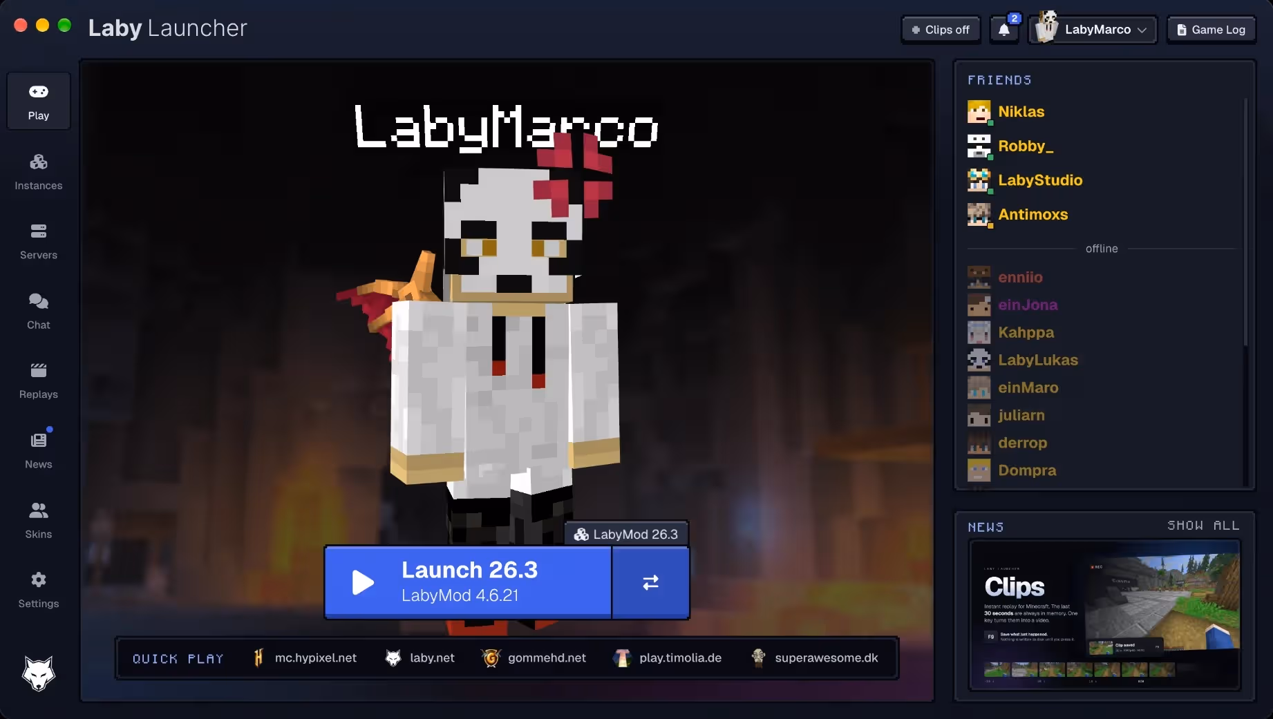 Laby Launcher home screen with skin preview, friends list and Quick Play bar