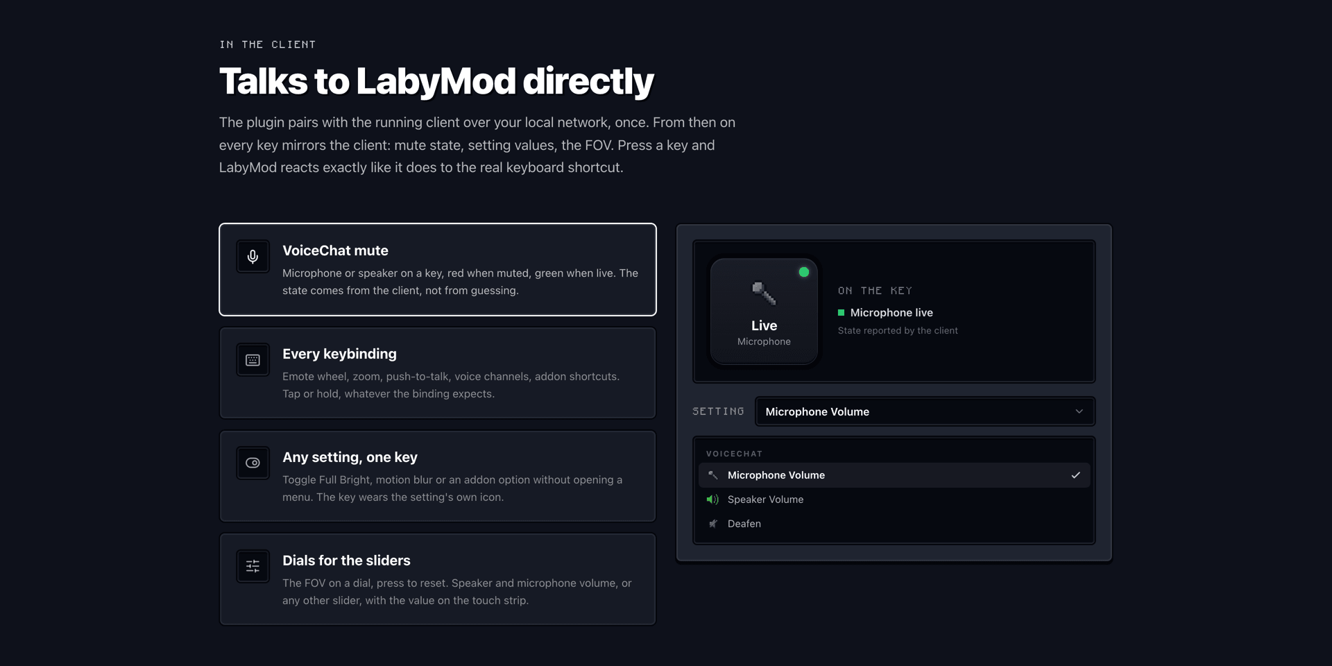 El plugin habla directamente con LabyMod: estado de silencio, atajos, ajustes y diales