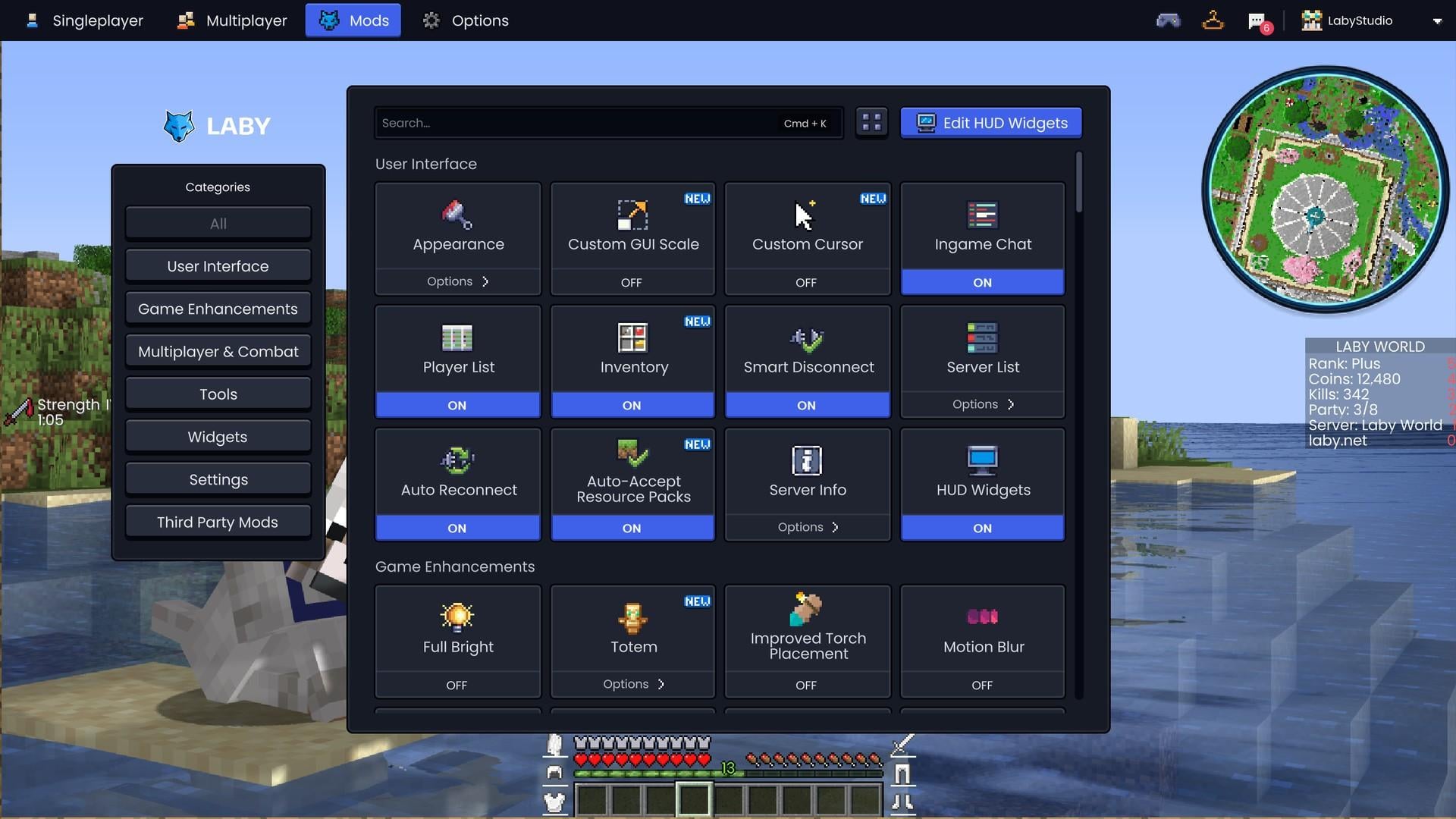The new Laby theme with the mods overview