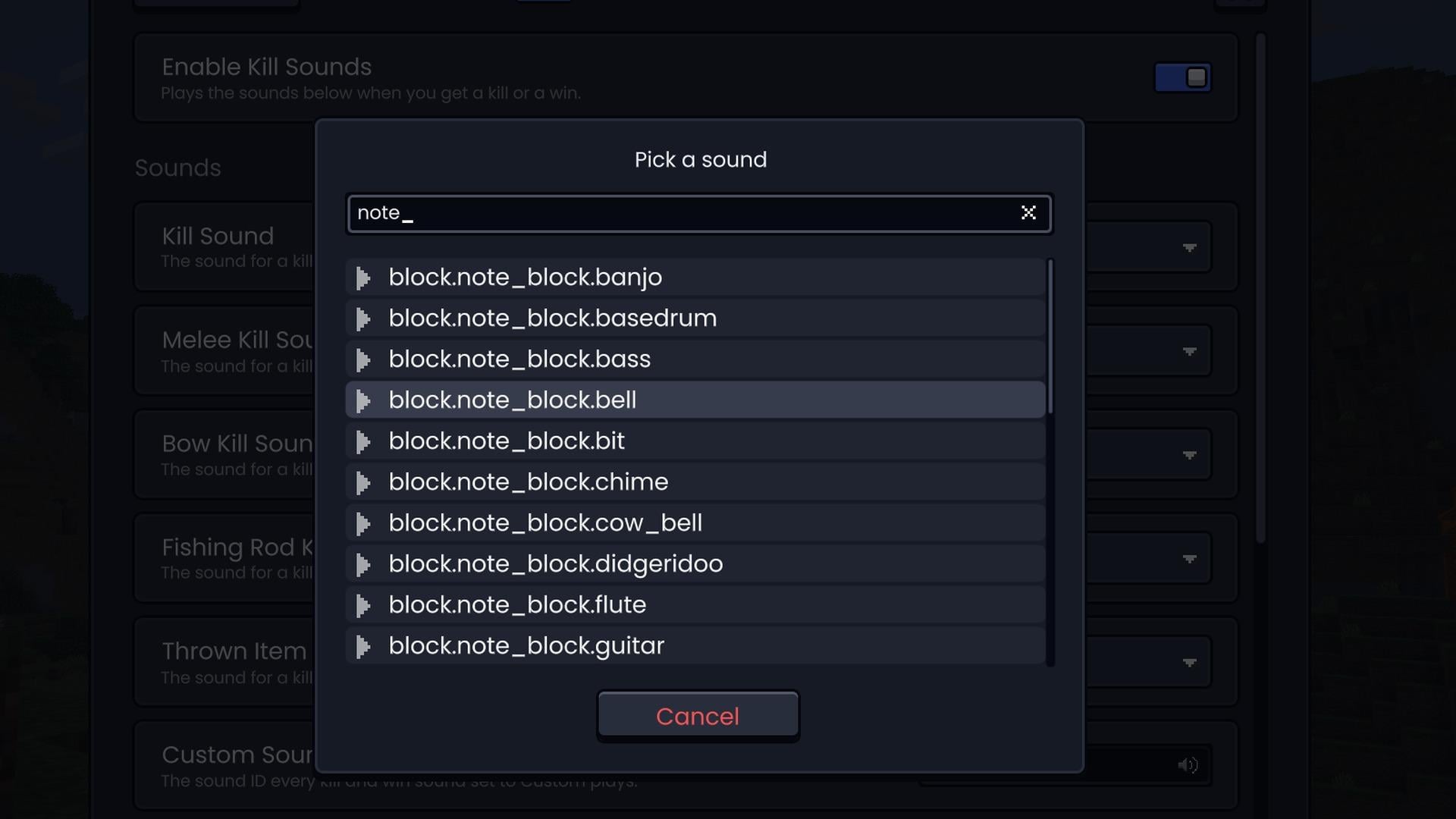 The sound picker for Kill Sounds
