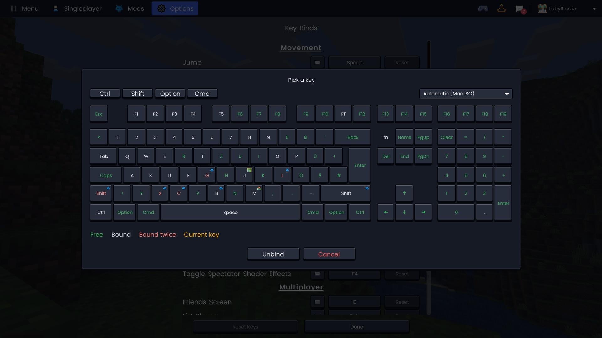 The keyboard popup for picking a hotkey