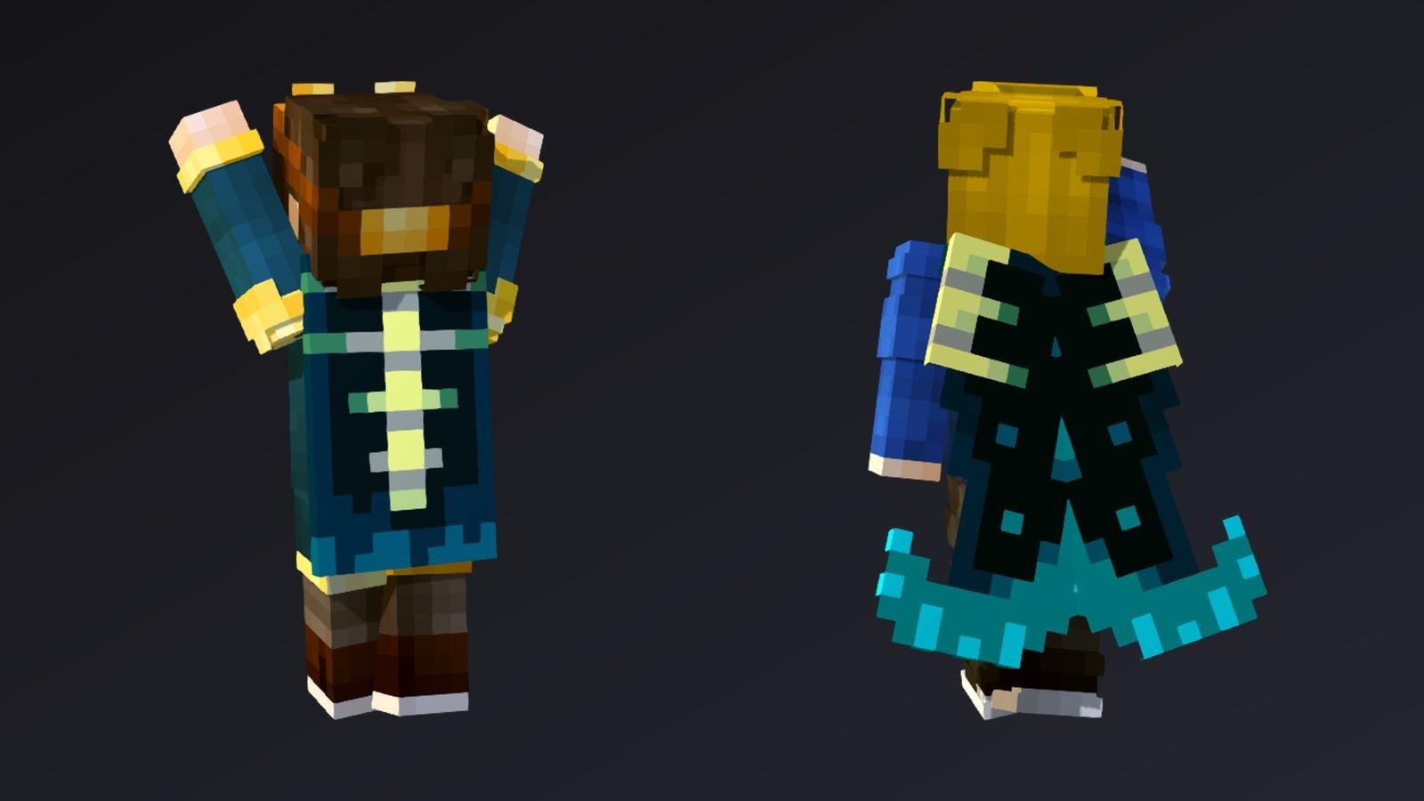 Left: the Twisted Cape worn as a cape. Right: the same texture on an elytra.