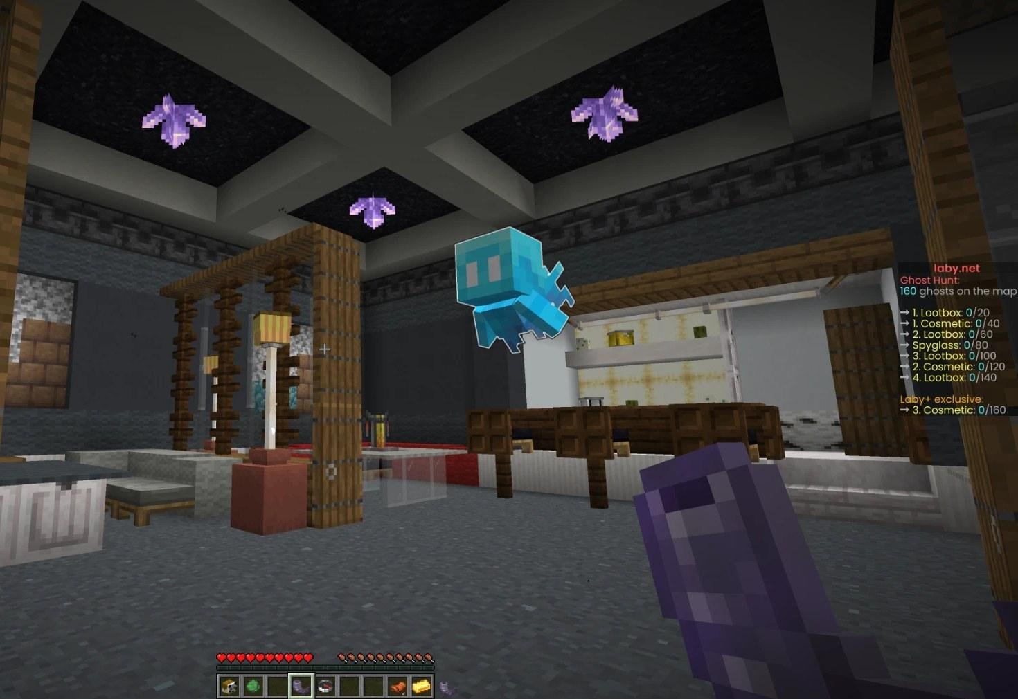 A ghost in front of the Ghost Vacuum, with the hunt on the scoreboard
