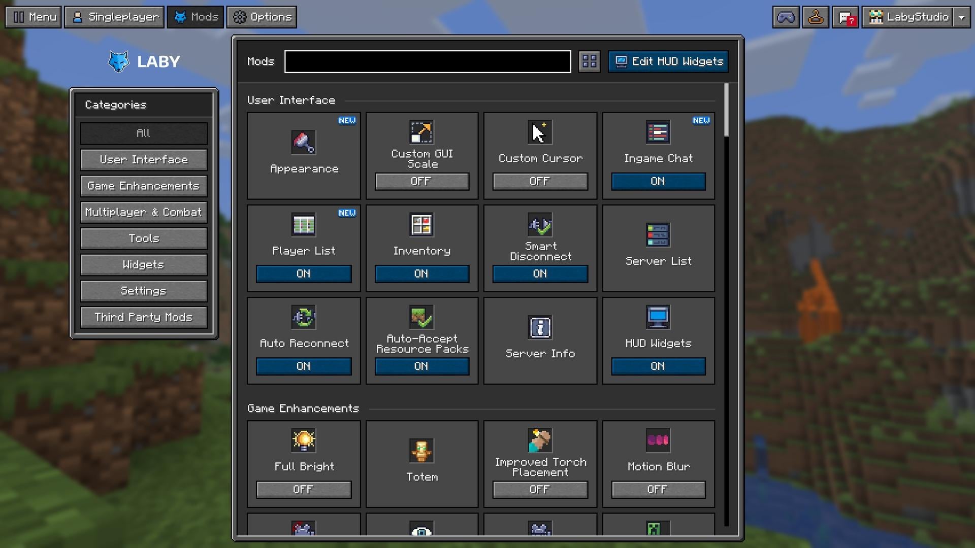 The mods menu in the Vanilla theme