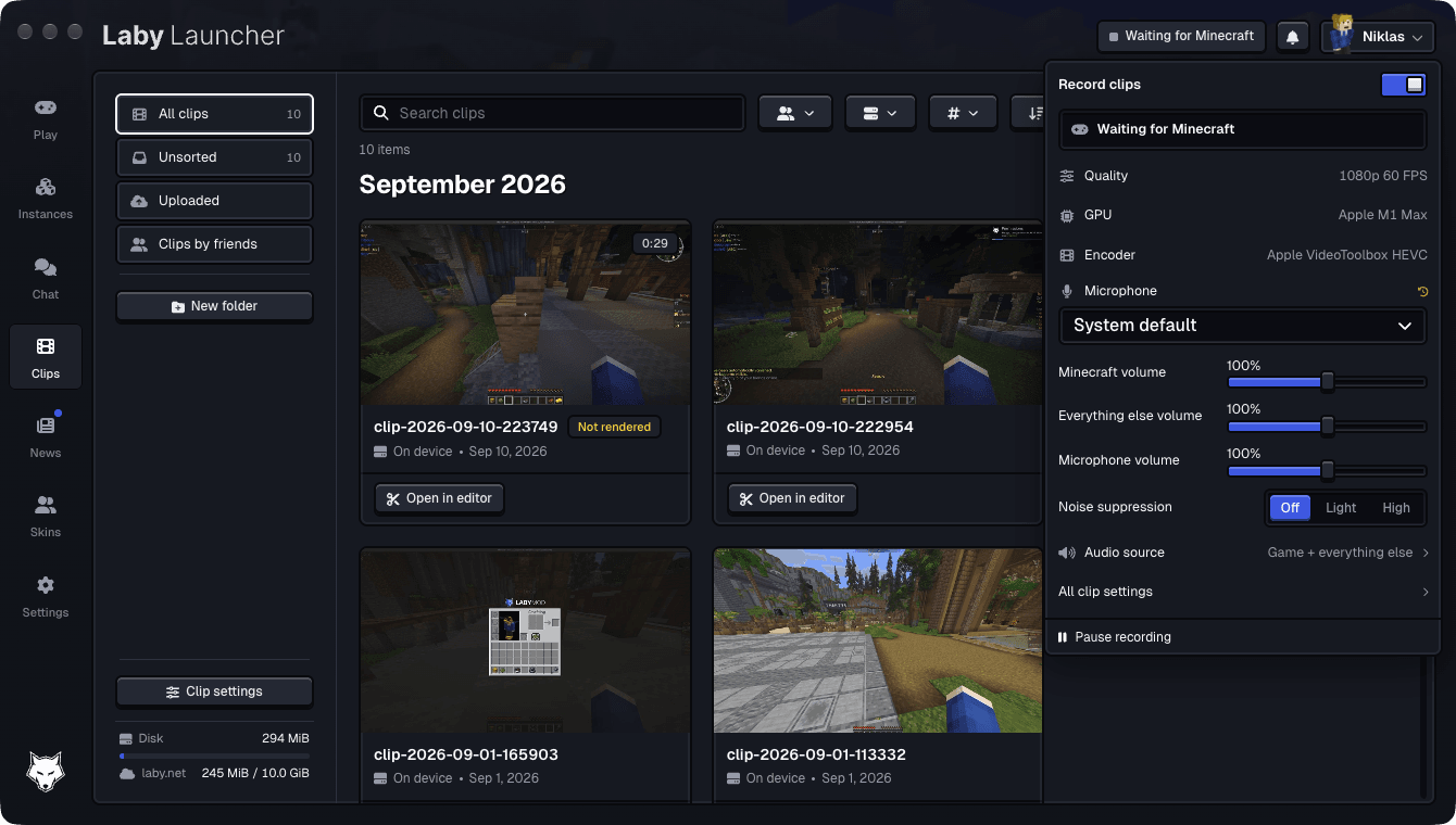 The clip status in the launcher title bar: quality, GPU, encoder, volumes and noise suppression