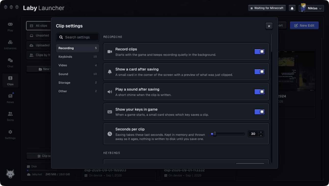 Clip settings: recording, the save and pause keys, and a warning when a key is already used by Minecraft