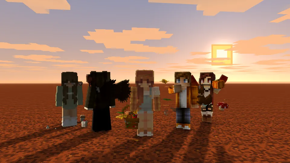 Turma de outono, papel de parede de Minecraft para computador: cinco jogadores com os novos cosméticos de outono ao pôr do sol